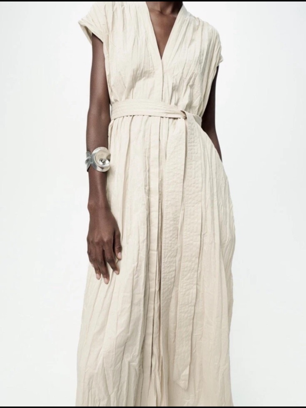 ZARA 100% COTTON BELTED WRINKLED DRESS BEIGE XS WOMAN SS24 ZW COLLECTION - Picture 2 of 16